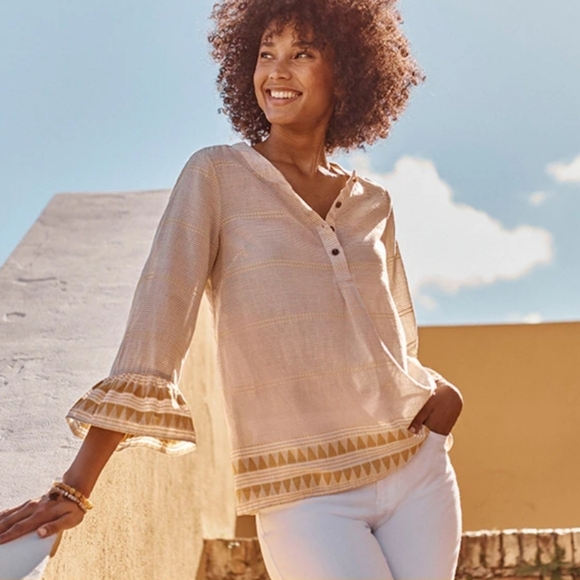 J. Jill Tops - J.JILL Organic Cotton Yellow Peasant Striped Aztec Bell Sleeve Pullover Top MP